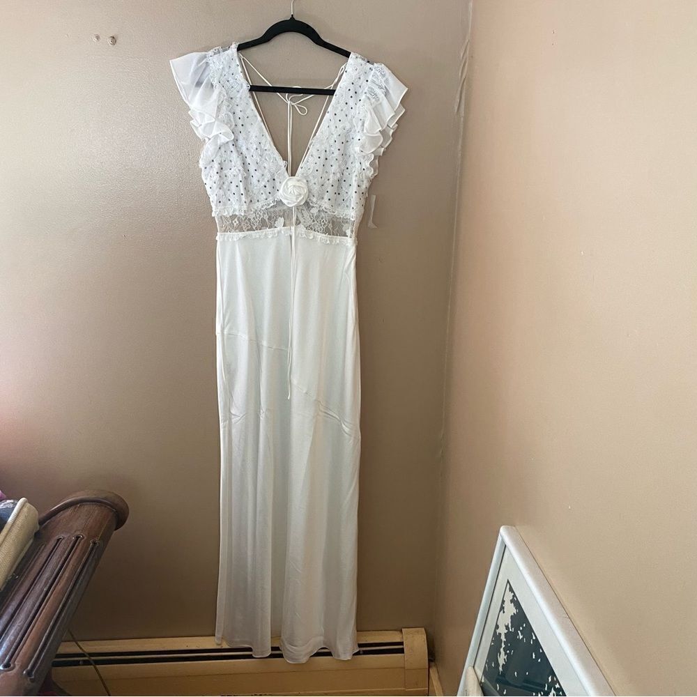 For Love And Lemons Carmen maxi dress white rosette dot print slip bridal NWT L - Picture 15 of 15